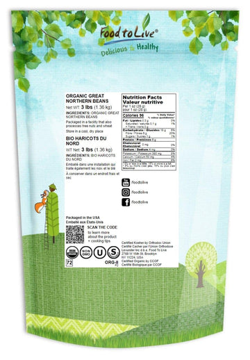 Food To Live Organic Great Northern Beans, 3 Pounds – Dried, Non-Gmo, Kosher, Raw, Sproutable, Bulk Seeds, Product Of The Usa