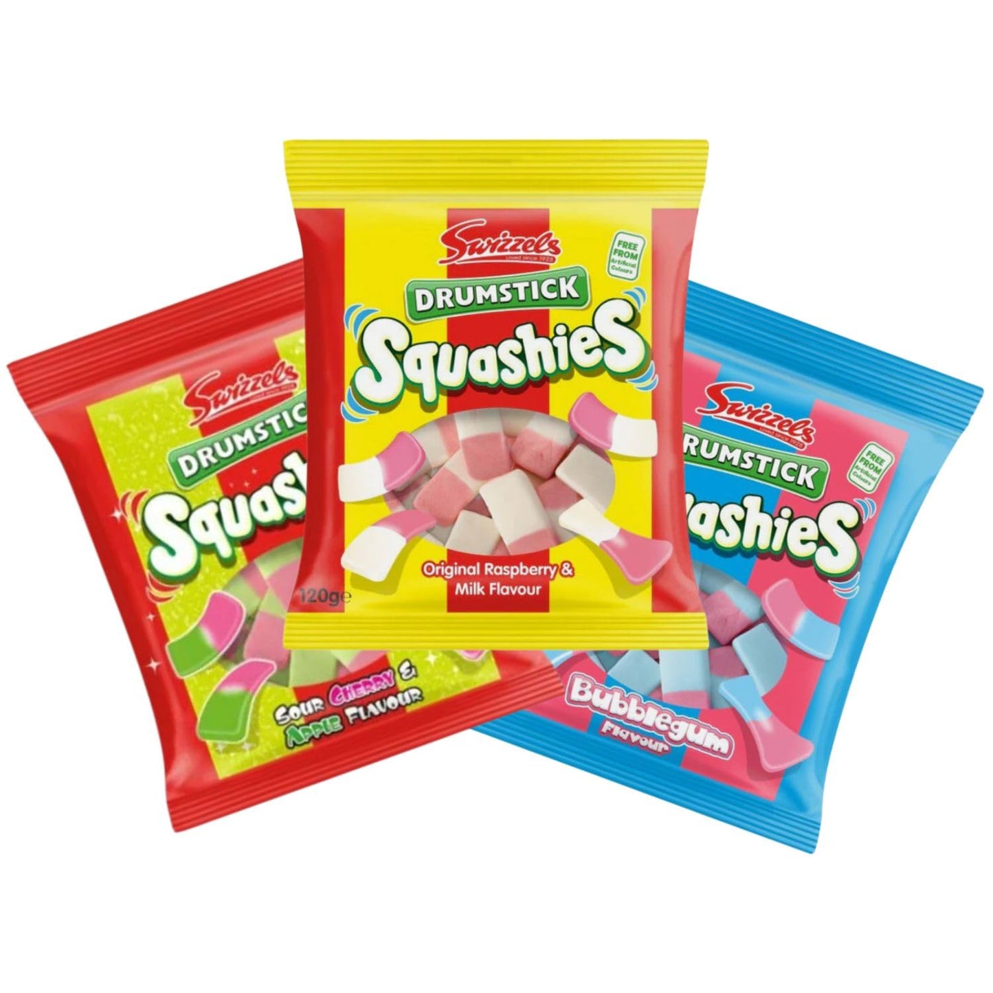 Squashies DrumStick Candies Variety Pack - Original Rasberry & Milk, Sour Cherry & Apple, and Bubble Gum Flavour - 120G (3 PACK