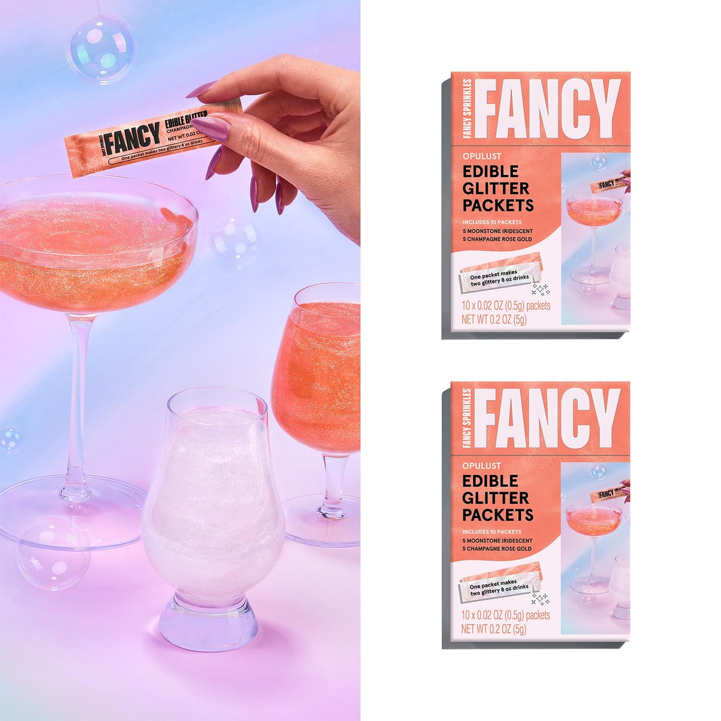 Fancy Sprinkles Edible Glitter Packets, Moonstone Iridescent & Champagne Rose Gold, 2 Pack