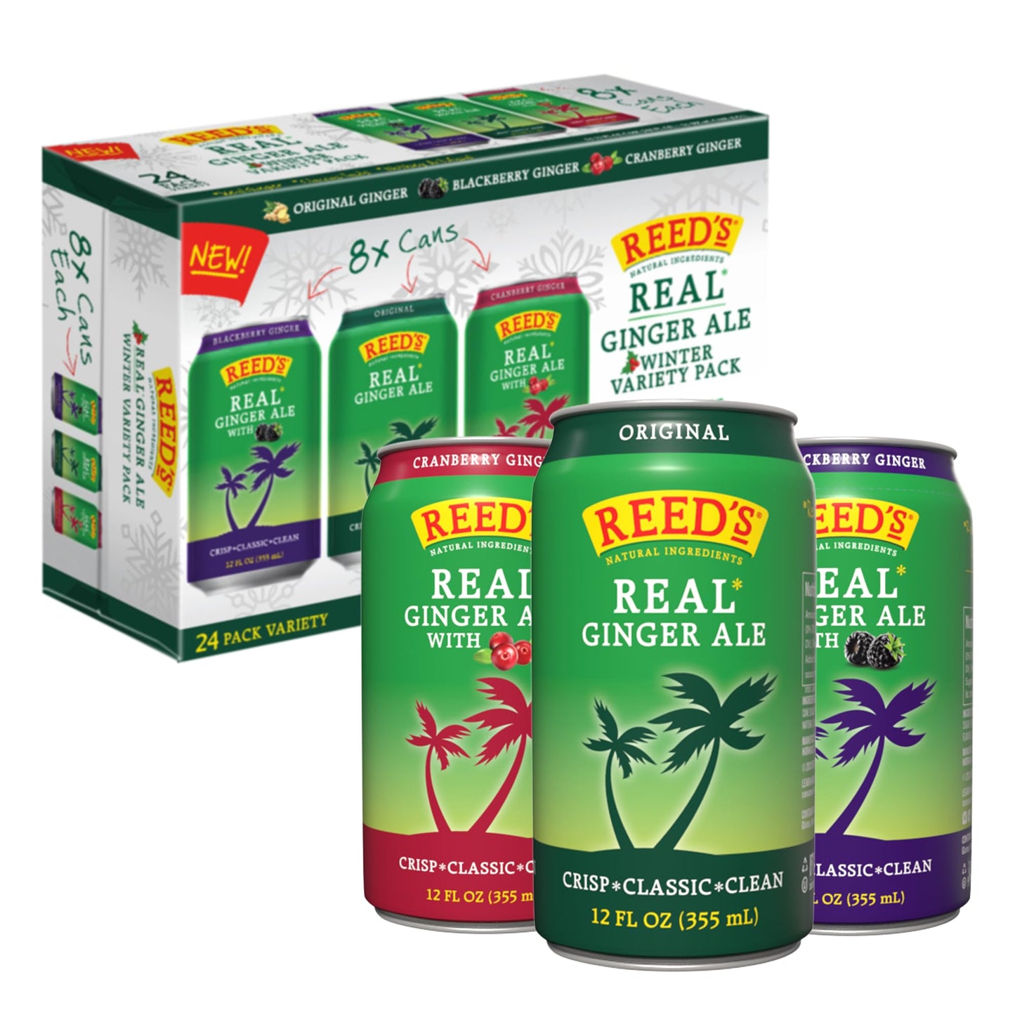 Reeds Ginger Ale Winter Variety Pack - Original, Cranberry, Blackberry - 12oz, 24 Pack (8 of Each Flavor)
