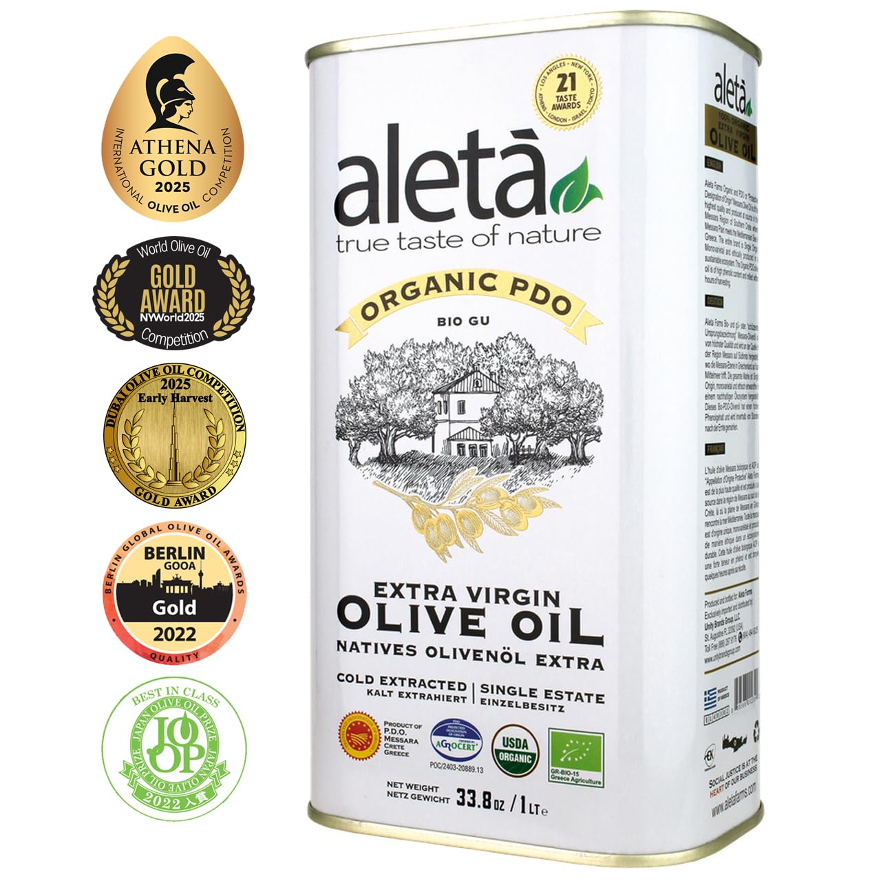 Aleta Farms Extra Virgin Olive Oil, USDA Organic, Cold Pressed, 33.8 Fl Oz, Single Estate, Kosher, Polyphenol Rich
