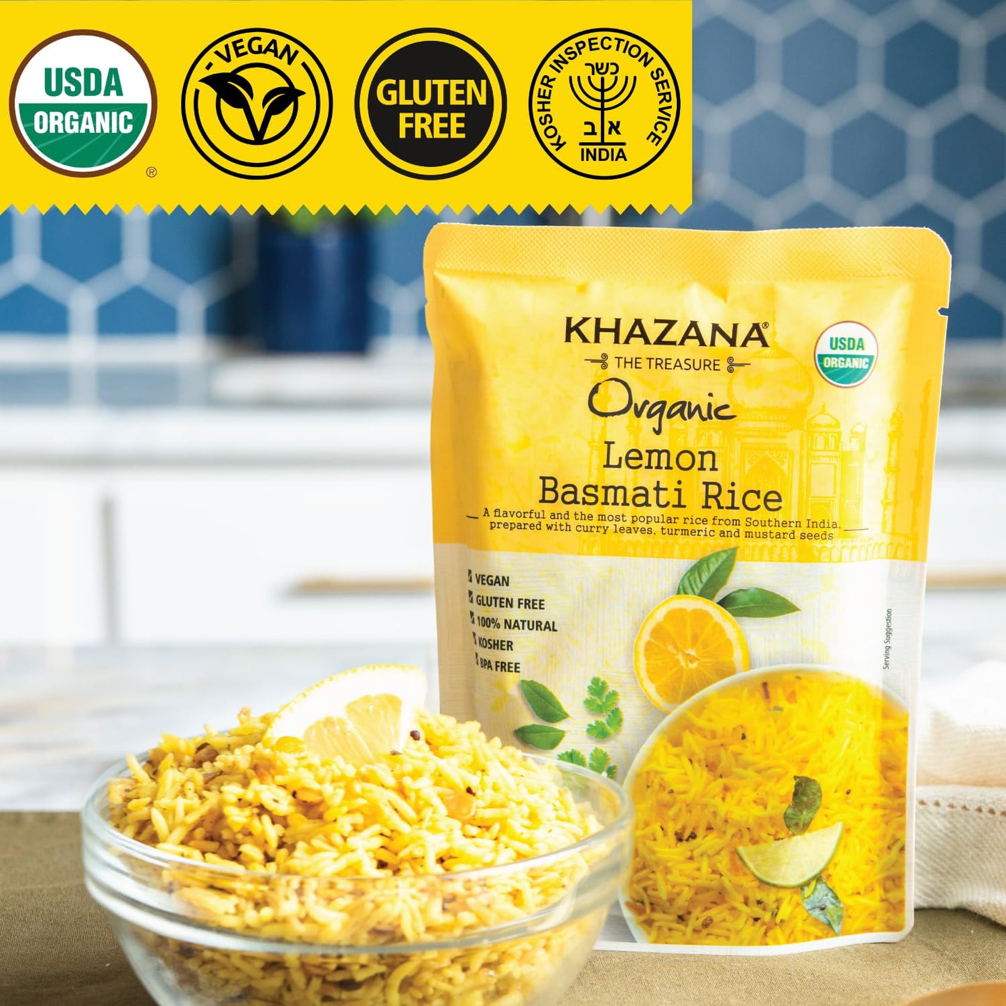 Khazana Lemon Organic Basmati Rice - Ready To Heat (1-Pack, 8.8Oz) - Authentic, Aromatic & Flavorful Indian Grain - Non-Gmo, Veg