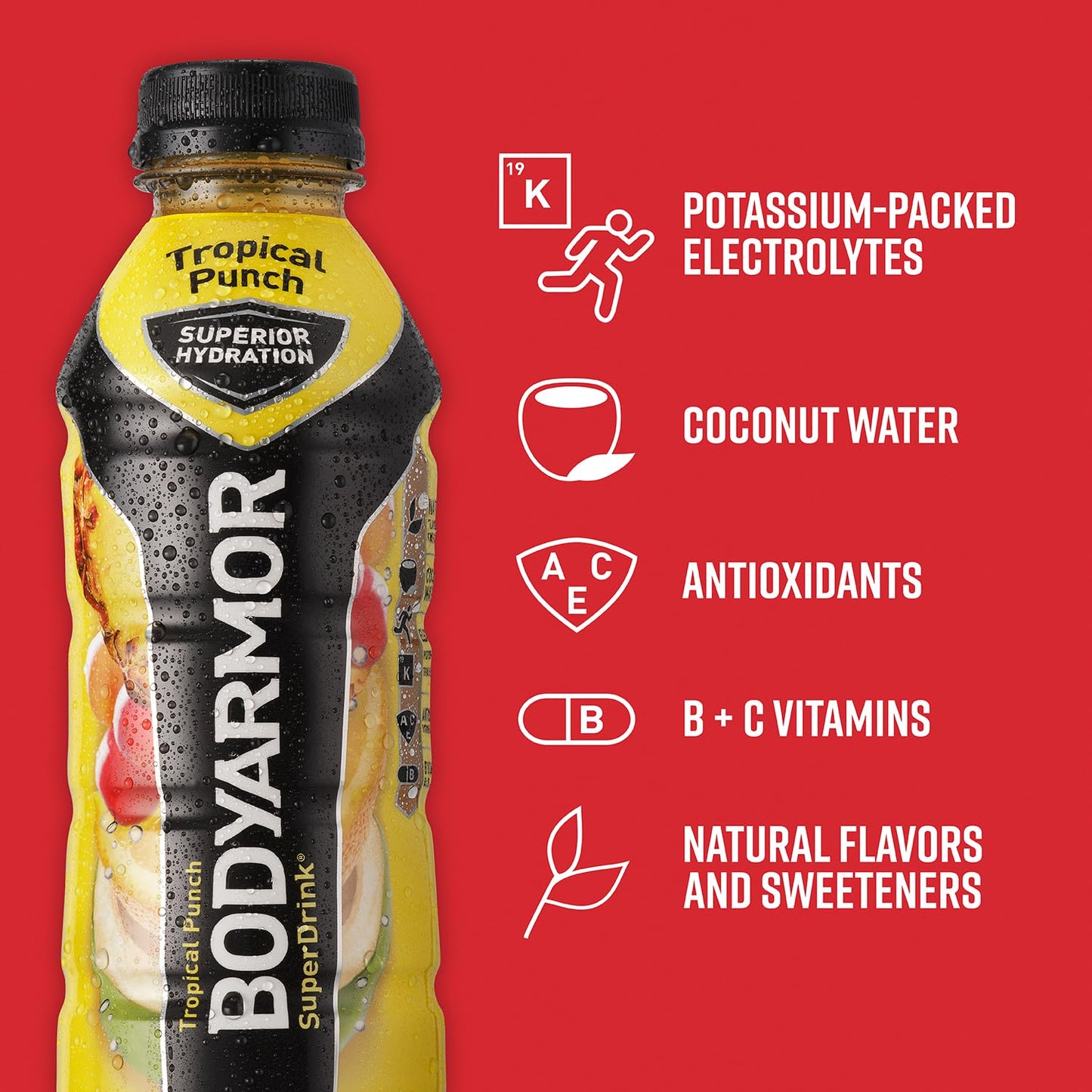 Bodyarmor Sports Drink Sports Beverage, Tropical Punch, Coconut Water Hydration, Natural Flavors With Vitamins, Potassium-Packed Electrolytes, Perfect For Athletes, 16 Fl Oz (Pack Of 12)