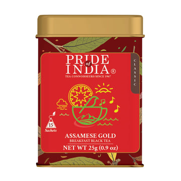 Pride Of India | Assamese Gold English Breakfast Blend | 15 Predium Pyramid Full Leaf Individually Wrapped Tea Bags | Full-Bodied, Strong & Malty Flavor | Single Estate Certified Classic Tea