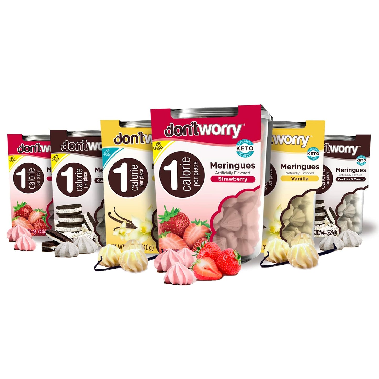 Don t Worry Low Calorie Meringue Cookies - 6 Pack - Strawberry, Vanilla and Cookies&Cream, Just 1 Calorie per Piece | Low Sugar