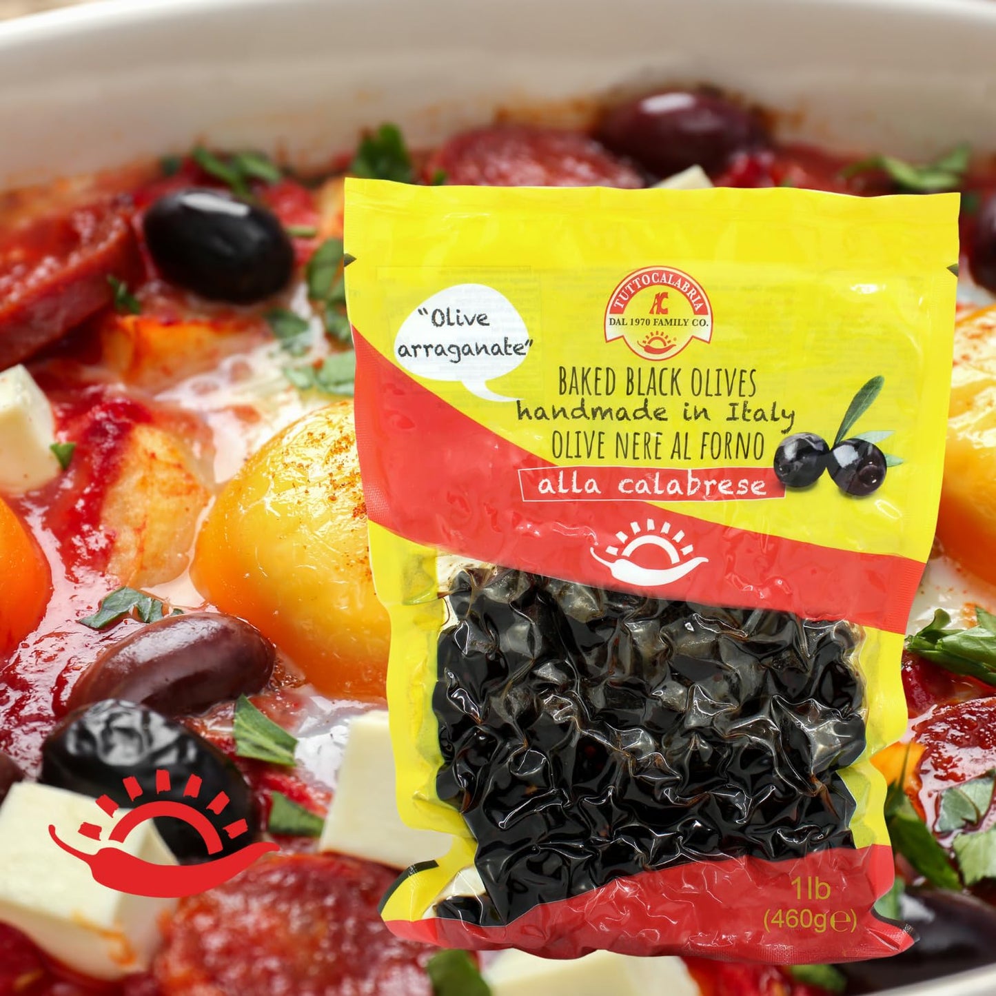 TUTTOCALABRIA Baked Oven Roasted Black Olives with Pits, Semi Dried Black Olives, 460 gm (16.22 oz), Olives al Forno, Handmade i