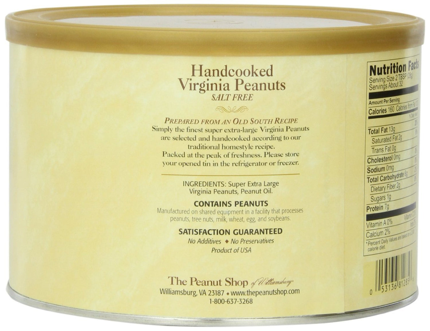 The Peanut Shop of Williamsburg Salt Free Handcooked Virginia Peanuts, 32-Ounce Tin