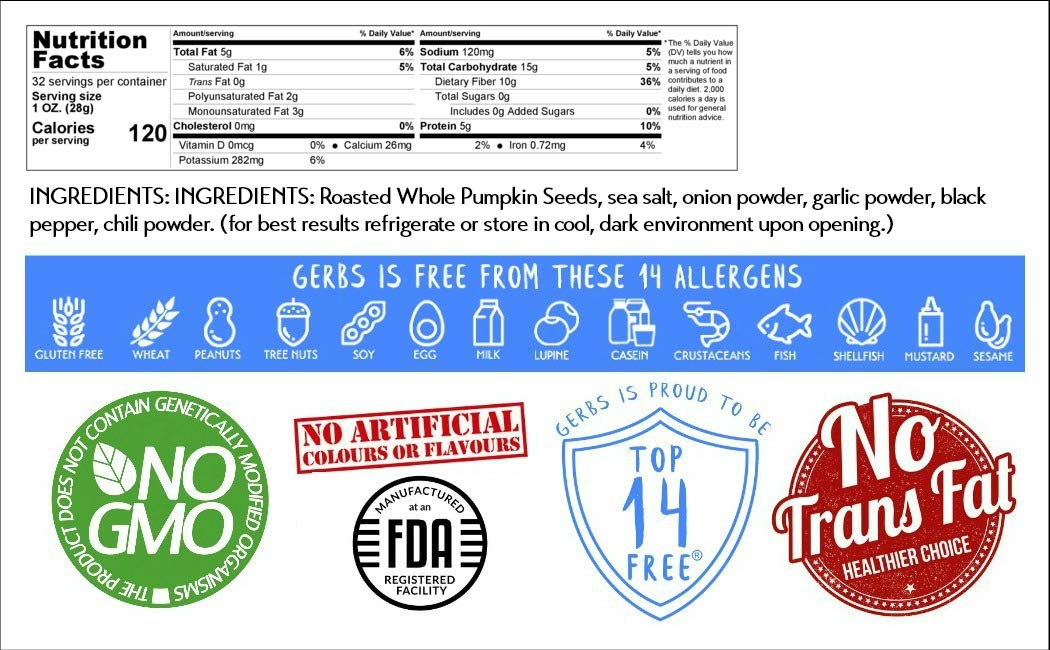 Gerbs Toasted Onion & Garlic Whole Pumpkin Seeds 2 lbs. | Small Batch Roasted, In-Shell, 10.5 mm Size, Resealable Bag | Bold & S
