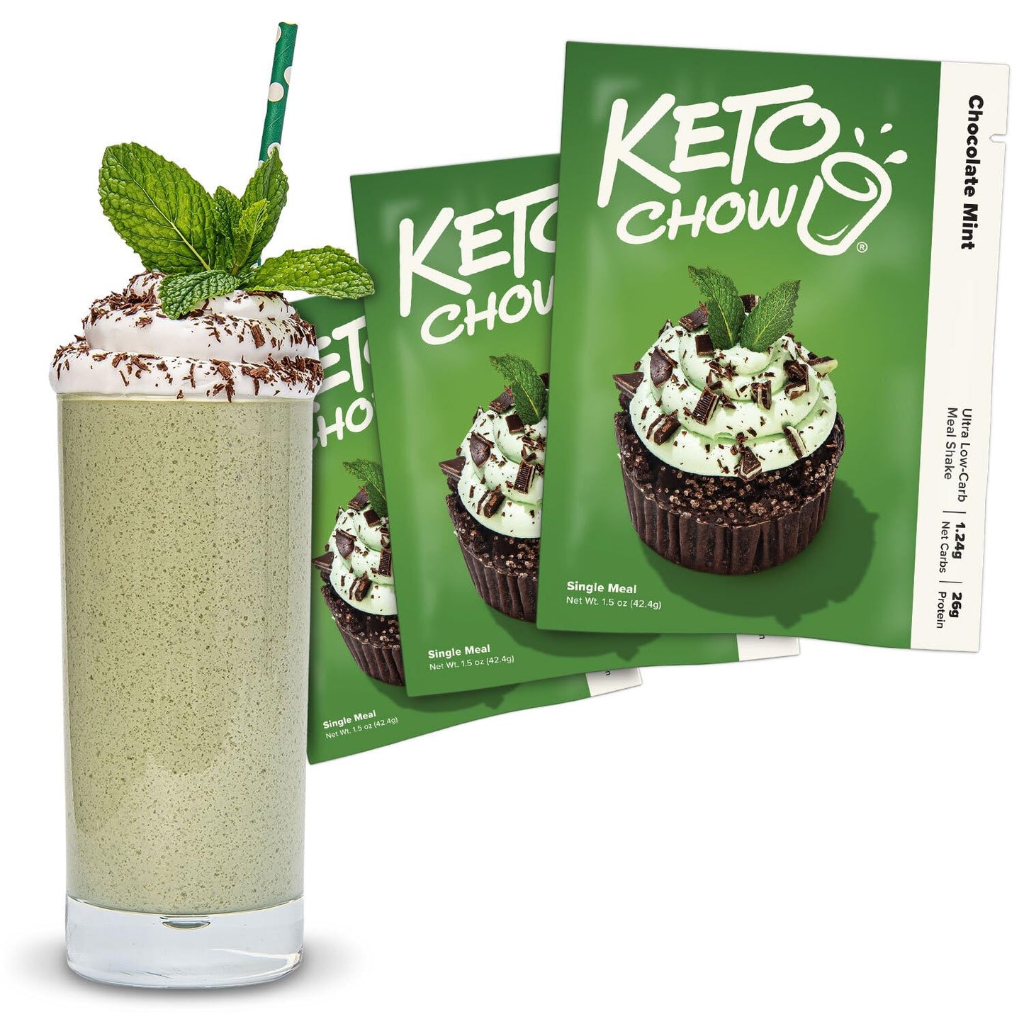 Keto Chow Meal Replacement Shake - Chocolate Mint - Low Carb, Protein Rich - 1.5 Ounce (Pack of 3)