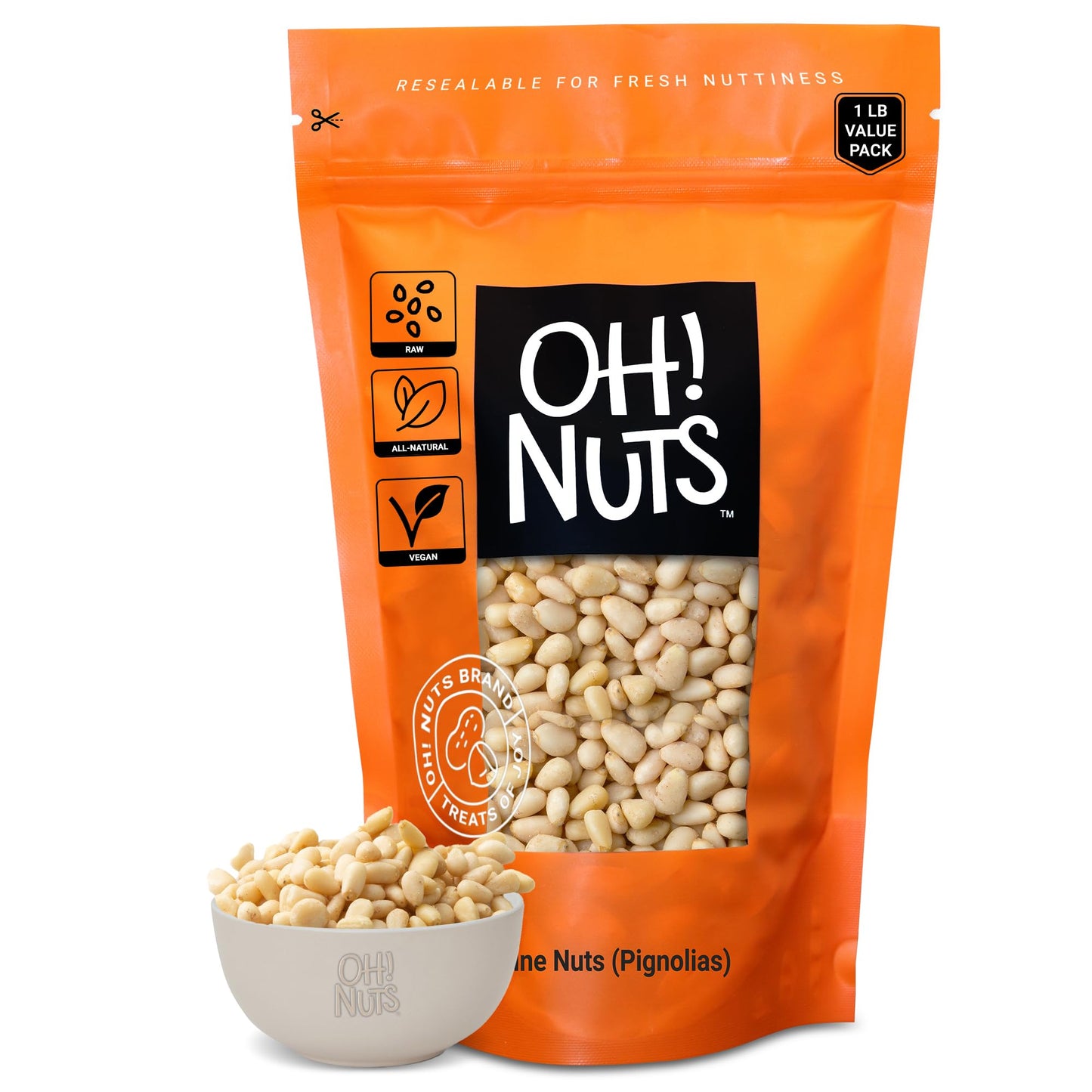 Oh! Nuts Pine Nuts (Pignolias) - Raw - 100% Natural Pine Nuts - 1 Lb Bulk Bag - Top-Grade Pignoli Packed With Protein