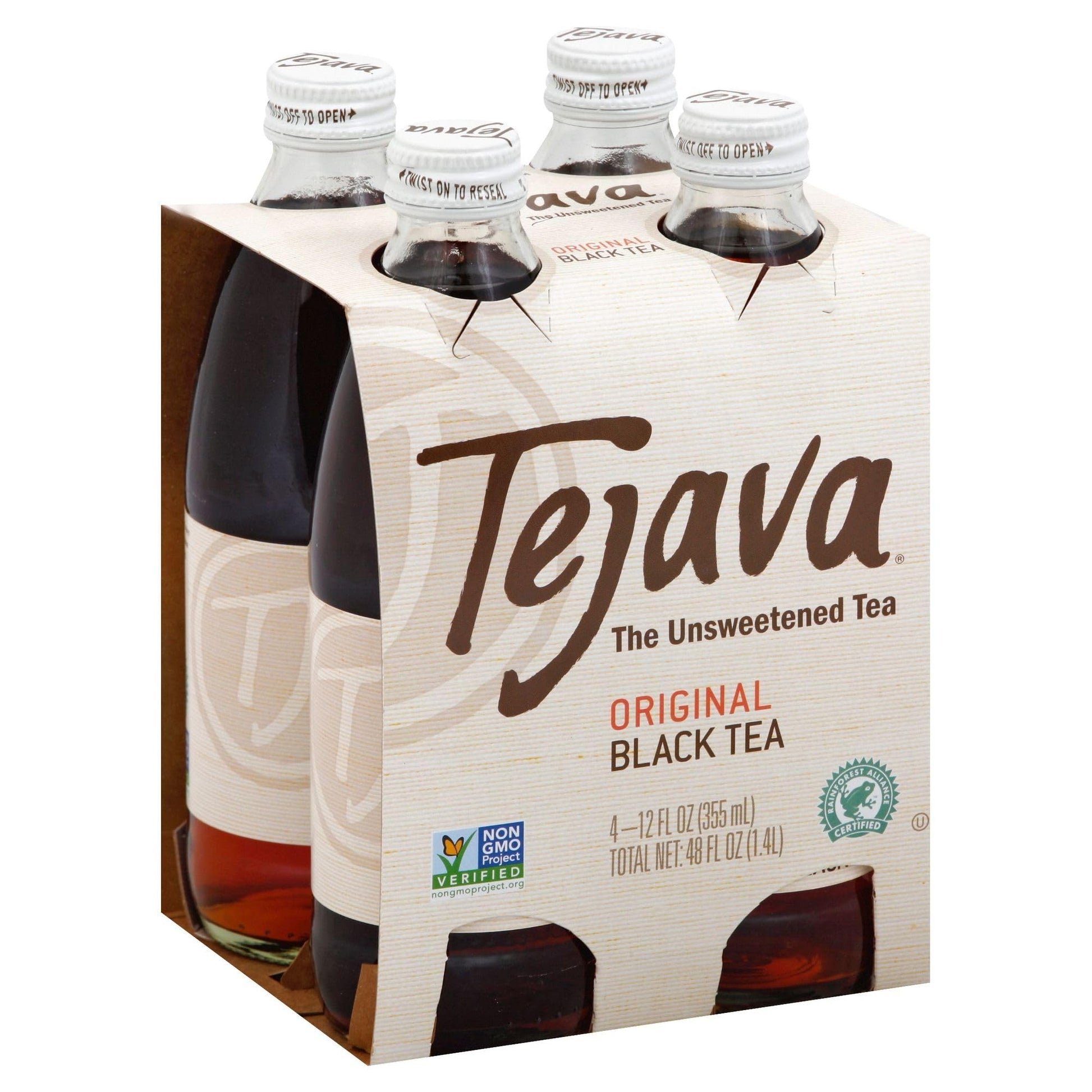 Tejava Original Unsweetened Black Iced Tea, 4 Pack, 12Oz Glass Bottles, Non-Gmo, Kosher, No Sugar Or Sweeteners, No Calories, No
