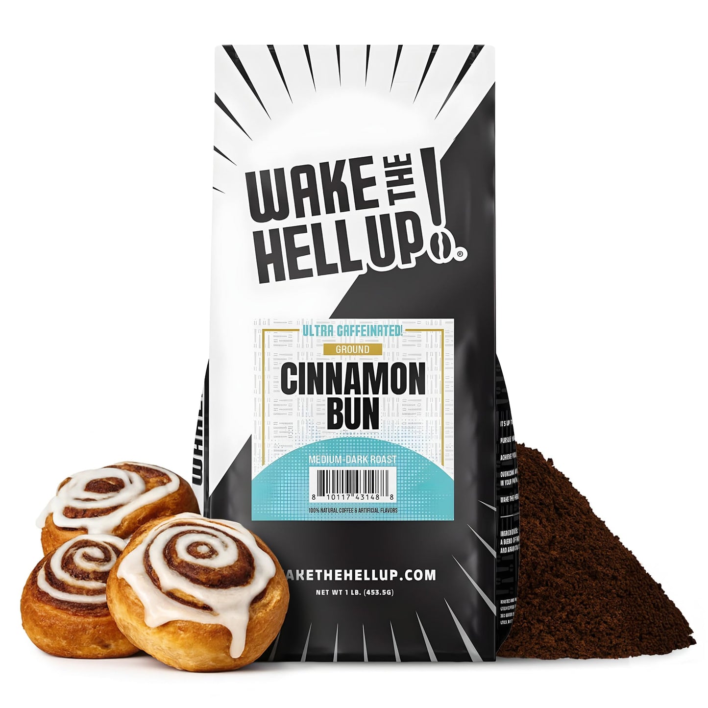 Wake The Hell Up! 1Lb Ultra-Caffeinated Cinnamon Bun Ground Coffee Low Acid Medium-Dark Roast