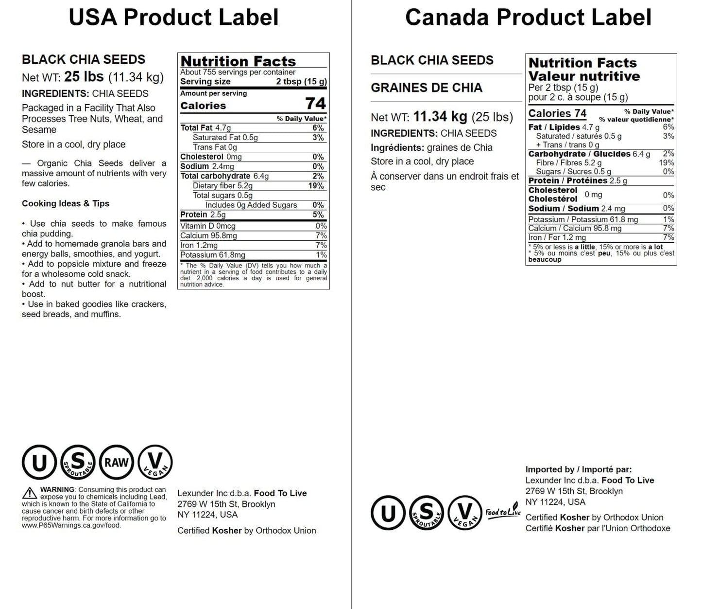 Food To Live - Black Chia Seeds, 25 Pounds - Whole, Sproutable, Vegan, Kosher, Keto, Sirtfood, Bulk. Rich In Essential Fatty Aci