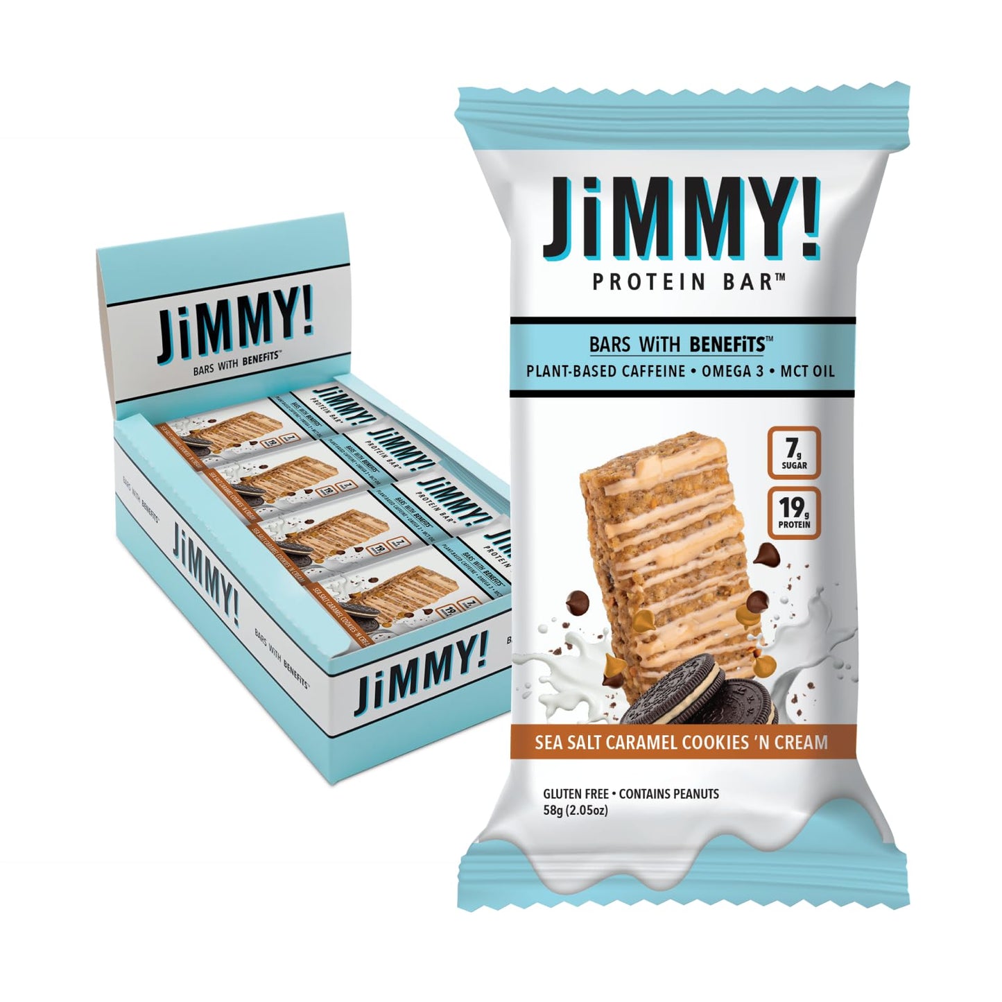Jimmybar! - Sea Salt Caramel Cookies N Cream - 19G High Protein Bars - 7G Sugar - 12 Count - 58G Health Bars - Natural Peanut Butter Core - Caffeinated Protein Bar For Energy- Hand Drizzled Chocolate