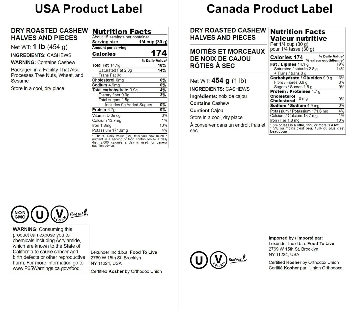 Food To Live - Dry Roasted Cashew Halves And Pieces, 1 Pound - Unsalted Oven Roasted, No Oil Added, Keto, Kosher. High In Protei