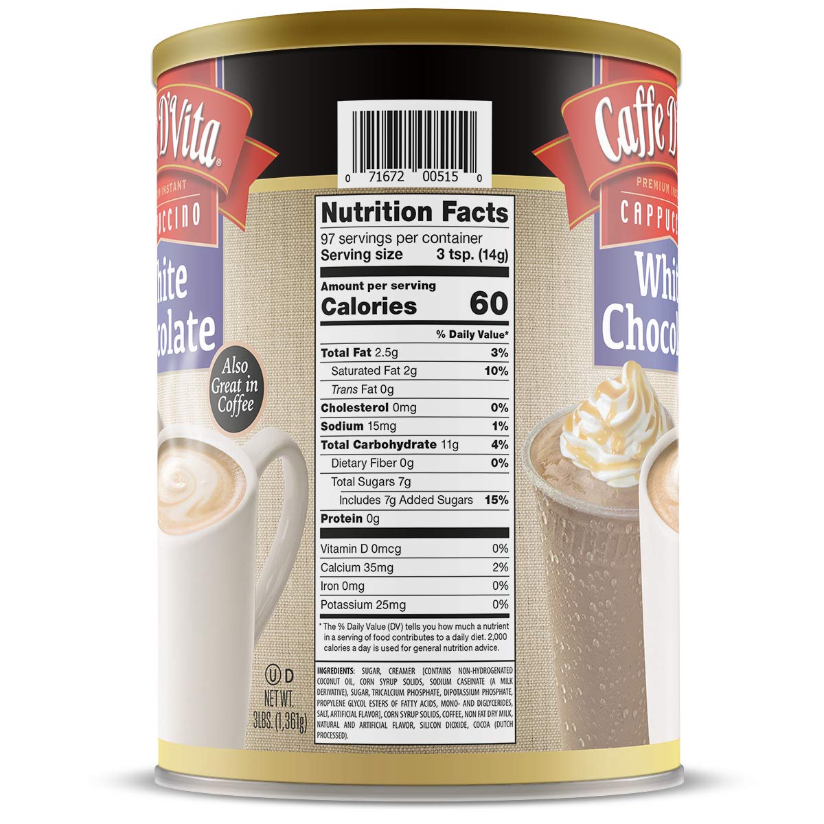Caffe DVita White Chocolate Cappuccino Mix, Gluten Free, Instant, 48 Ounce Can