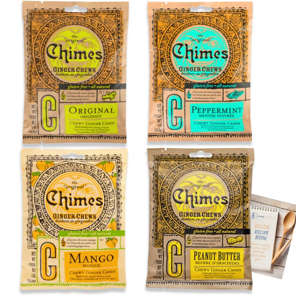 Chimes Ginger Chews Large Variety Pack of 4, 1 of each (Original, Mango, Peppermint, Peanut Butter) 20 oz total Low Calorie Vega