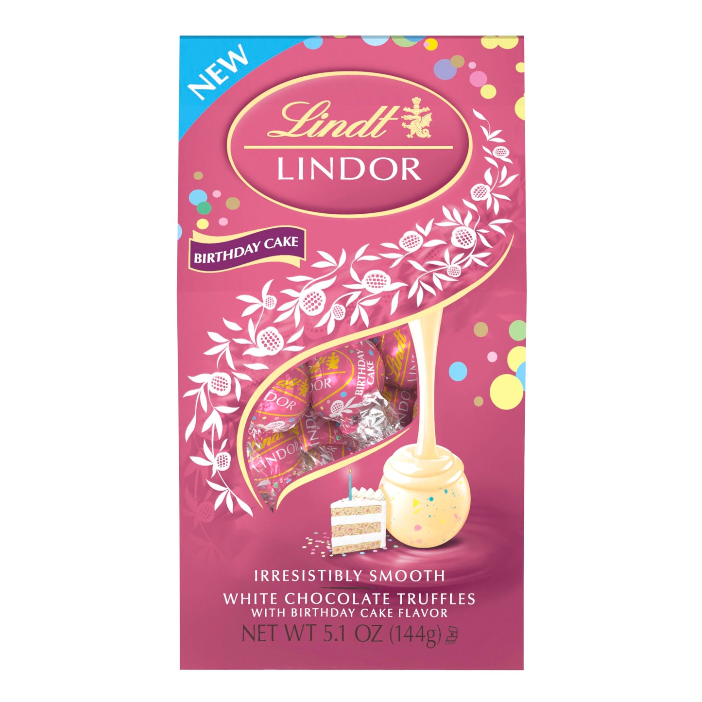 Lindt LINDOR Birthday Cake White Chocolate Truffles White Chocolate Candy with Smooth Melting Truffle Center 5.1 oz. Bag