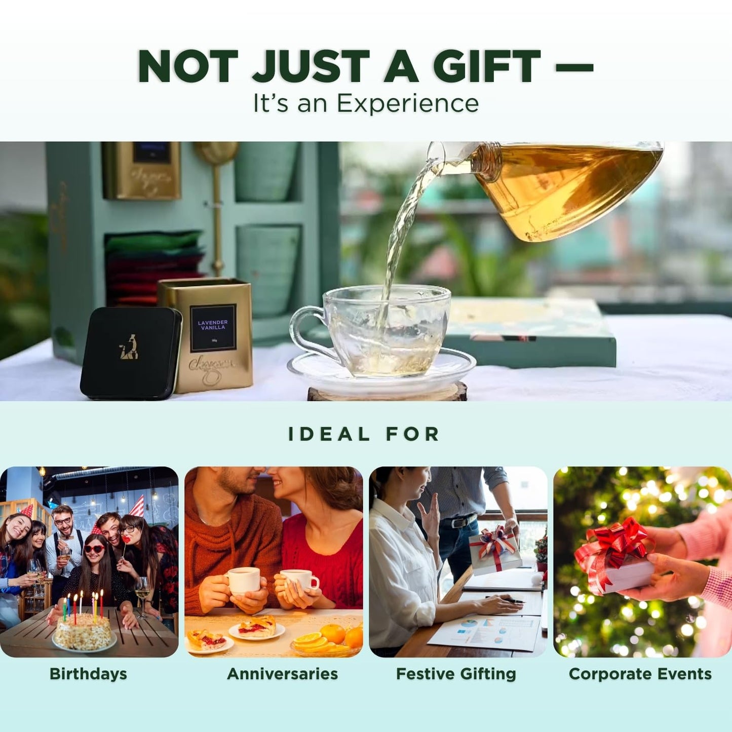 CHAYAM elegant Tea Gift Set - 10 Tea Bags, 50g Lavender Vanilla Loose Leaf, 2 Ceramic Cups, Brass Infuser, Perfect Gift for Tea Lovers