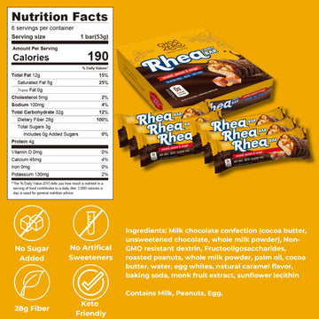 Choczero Milk Chocolate Peanut & Caramel Nougat Candy Bar, Zero Sugar Added, High Fiber, Full Size Rhea Bars (6 Per Box)