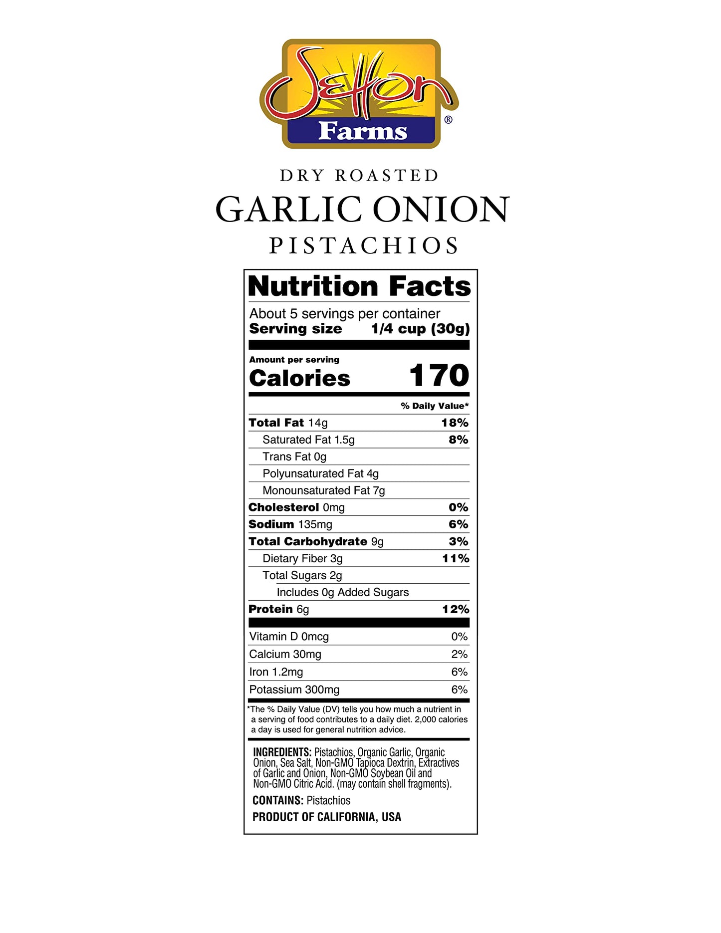 Setton Farms Garlic Onion Pistachio Kernels, No Shell, Non-GMO, Gluten Free, Vegan, 5 oz Resealable Pouch