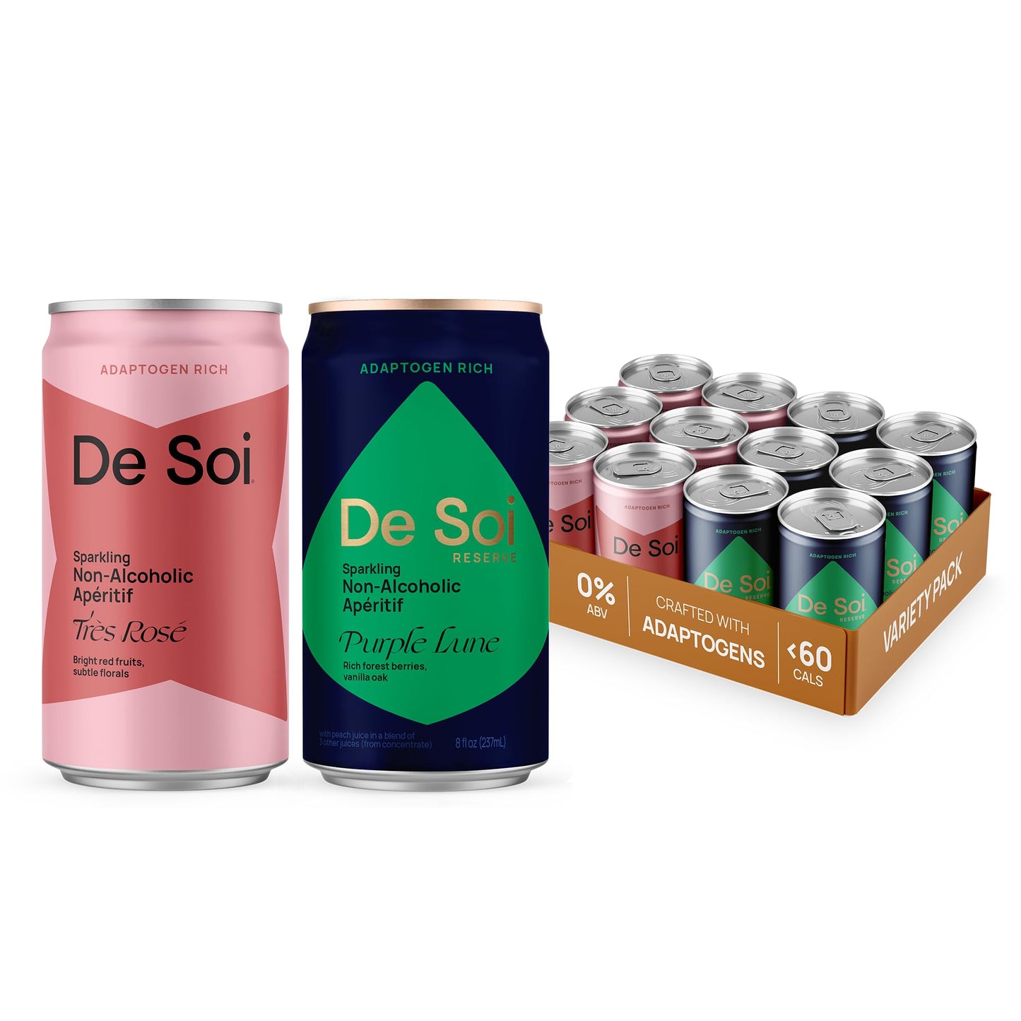 De Soi Beverage-Inspired Sampler (Tres Rose + Purple Lune) Mocktails Na Drinks 12-Pack Adaptogen Drink Sparkling Drink With Calming Botanicals Mocktails Drinks Gluten Free No Artificial Flavors