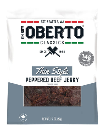 Oberto Classics Thin Style Peppered Beef Jerky, 2.2 Ounce (Pack of 8) - High-Protein Snack, Perfect for On-the-Go Enjoyment