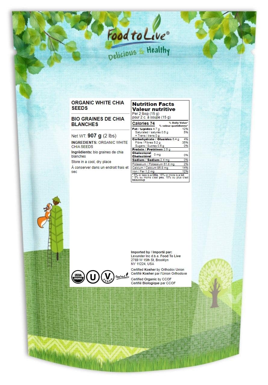 Food To Live - Organic White Chia Seeds, 2 Pounds - Whole, Raw, Kosher, Keto, Sirtfood, Vegan, Bulk. Rich In Omega 3, Omega 6, D