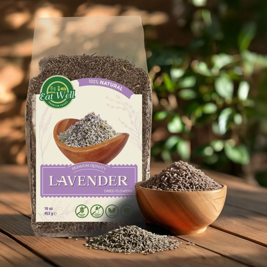 EAT WELL PREMIUM FOODS Dried Lavender Flowers, 16 oz Bulk Size, Edible Culinary Lavender for Baking, Cooking, and Home Fragrance