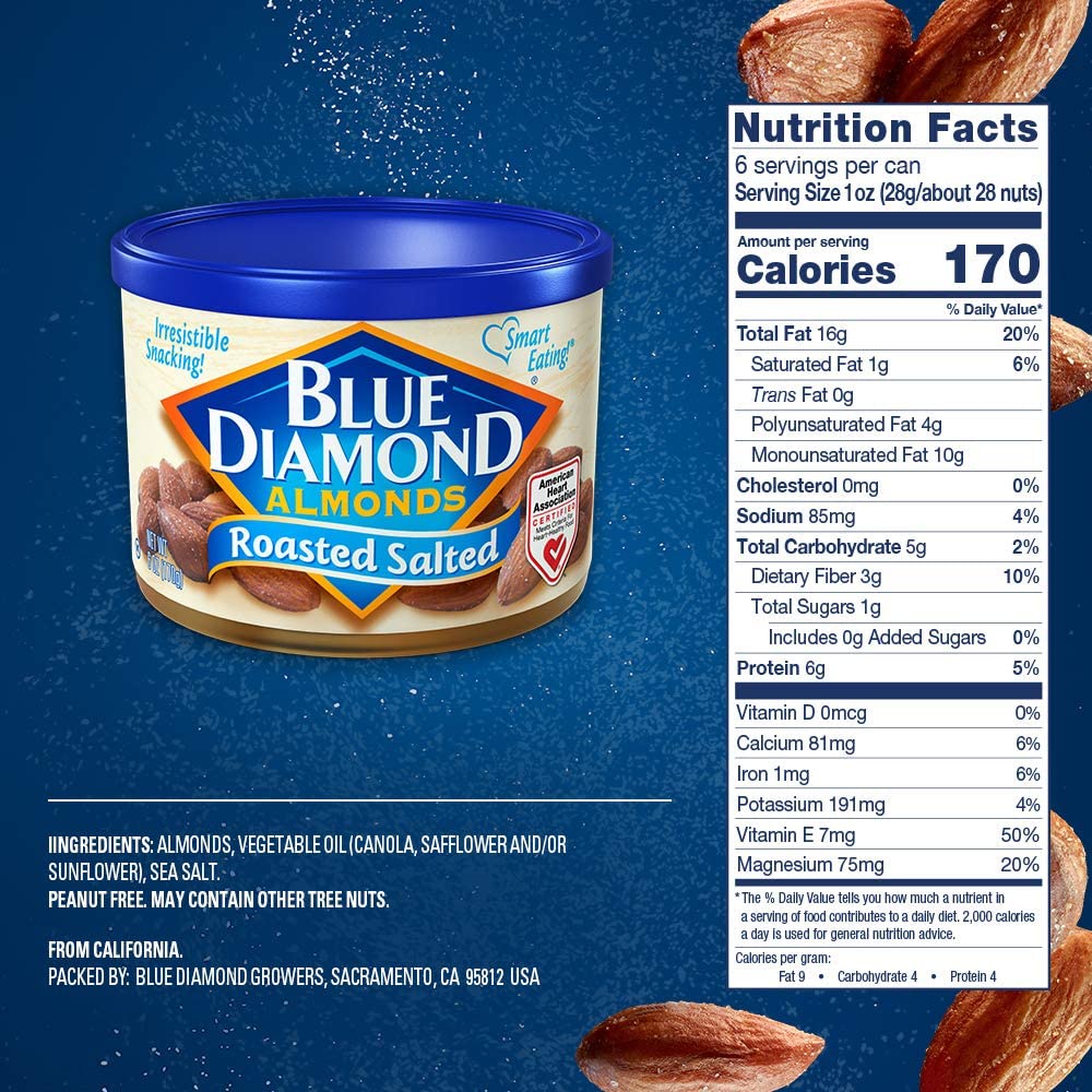 Blue Diamond Almonds, Roasted Salted Snack Nuts, 6 Ounce Can (Pack of 12)