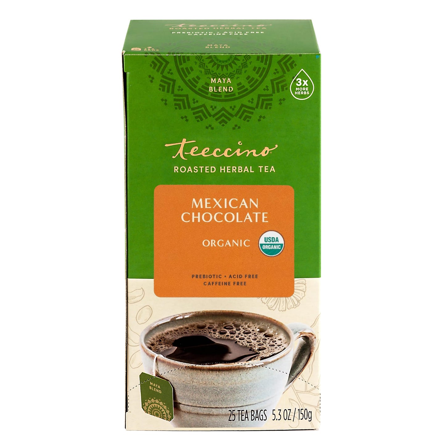 Teeccino Herbal Tea - Mexican Chocolate, Caffeine-Free, Prebiotic, 25 Tea Bags, 25 Count