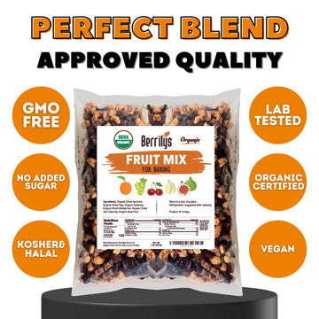 Berrilys Dried Fruit Mix, 2 Lbs, Organic, Diced Figs, Diced Apricots, White Mulberries, Sultanas, Sour Cherries, No Sugar Added,