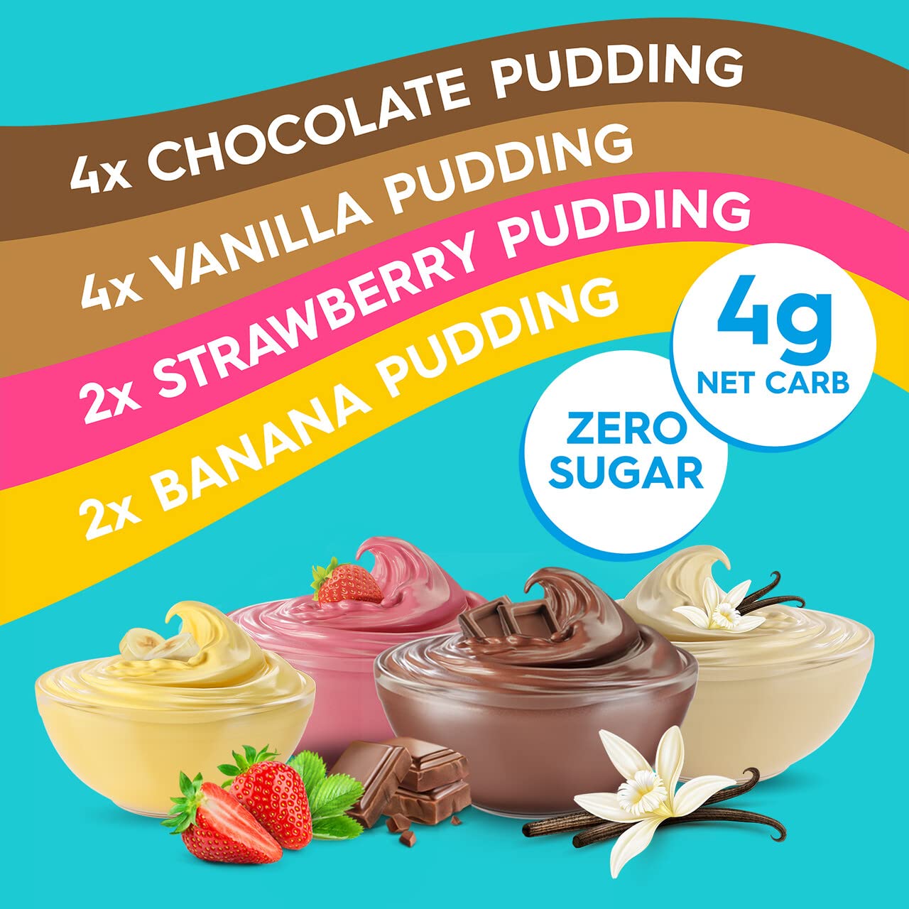 Simply Delish Instant Delicious Mixed Variety Pudding 12 Pack - Low Carb, Zero Sugar, Gluten Free, Allergen Free, Non-Gmo, Vegan