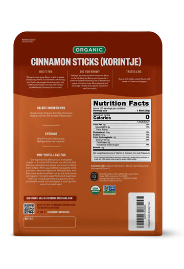 Fgo Organic Cinnamon Sticks Whole, 16Oz Bulk Resealable Pouch, 100+ Sticks, 2 ¾” Stick Size, Raw Spice From Indonesia (Korintje), Great For Tea, Desserts Or Cooking, Non-Gmo (Pack Of 1)