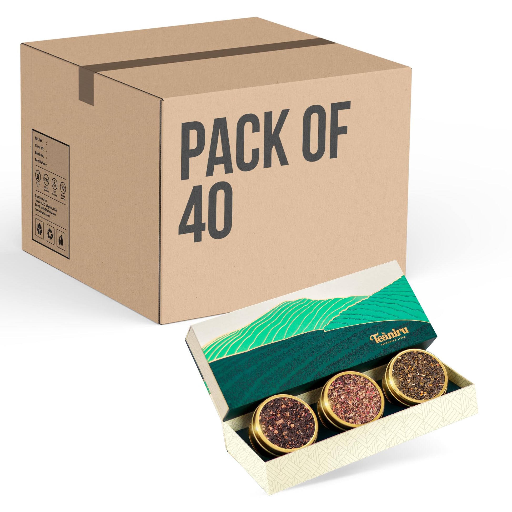 Teaniru, Novelty Tea Collection - Pack of 40 | Loose Leaf Tea Sampler Gift | 3 Flavored Tea - Black, Herbal & Green Tea | Loose