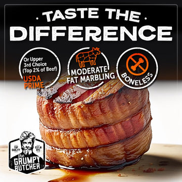 Grumpy Butcher 4 Large Filet Mignon Steaks, 8 Oz Each: Prime Steak House Size Beef Tenderloin Center Cut - With Steaks Gift Pack