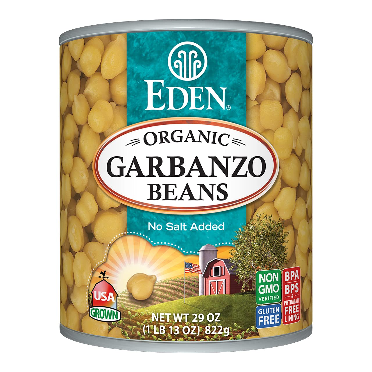 Eden Organic Garbanzo Beans, 29 oz Can, No Salt, Non-GMO, Gluten Free, Vegan, Kosher, U.S. Grown, Heat and Serve, Macrobiotic, C