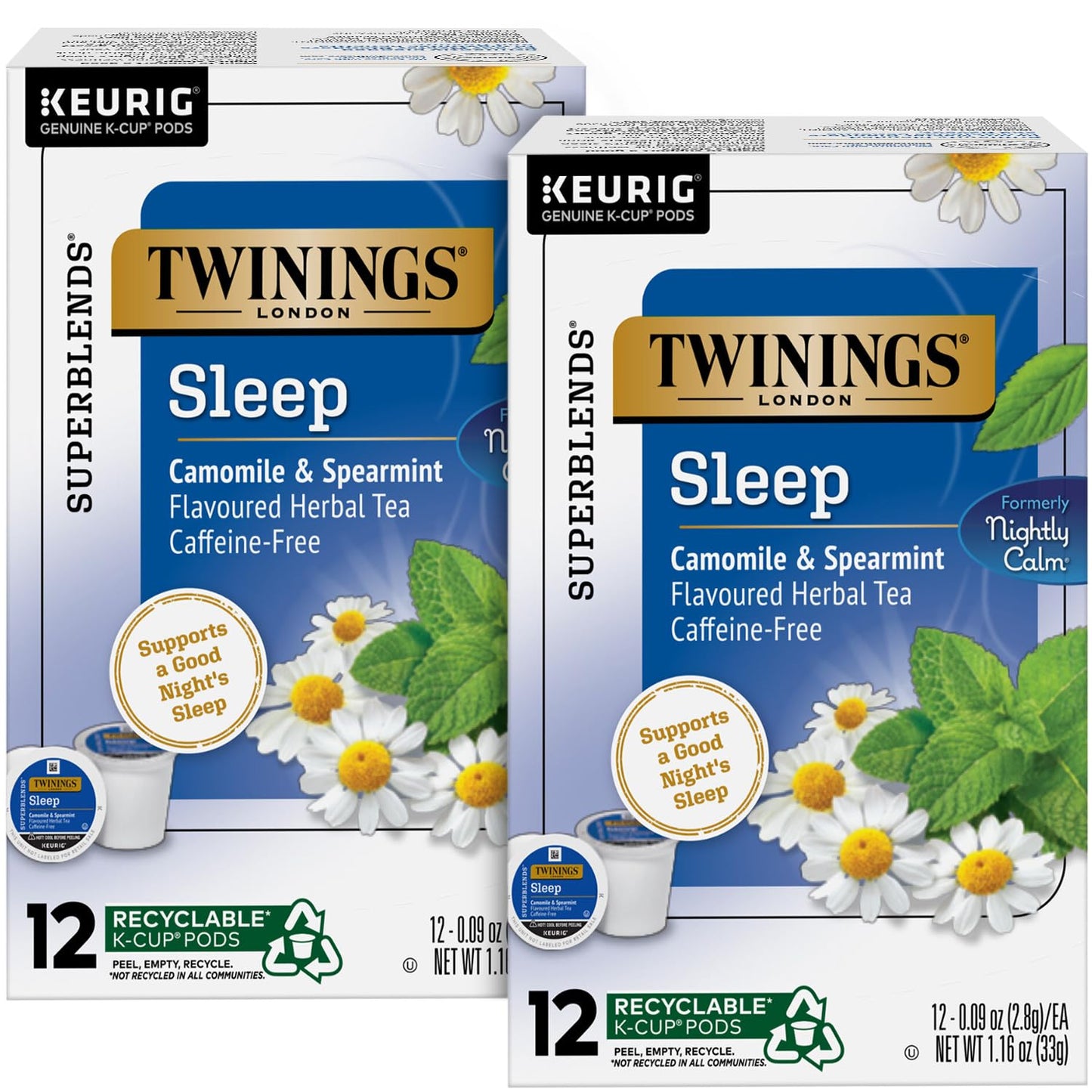 Twinings Nightly Calm Herbal Tea K-Cup Pods For Keurig - Sleep Tea Bedtime Energy Blend-Free Tea Blend Soothing Chamomile Relaxing Spearmint Subtle Lemongrass Flavor 12 Count (Pack Of 2)