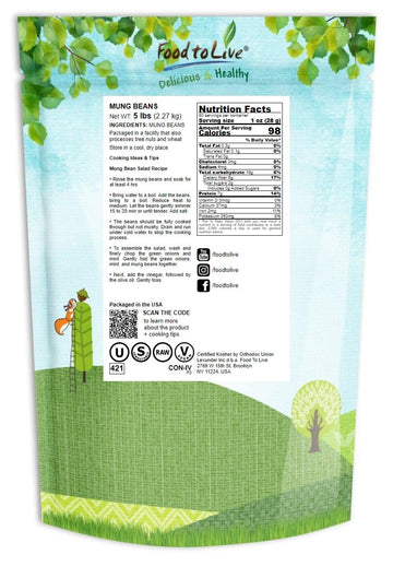 Food To Live - Mung Beans, 5 Pounds – Whole, Dried, Raw Moong, Kosher, Vegan, Sirtfood, Bulk Green Gram, Low Sodium, Good Source Of Dietary Fiber, Protein, Folate, Copper, And Iron