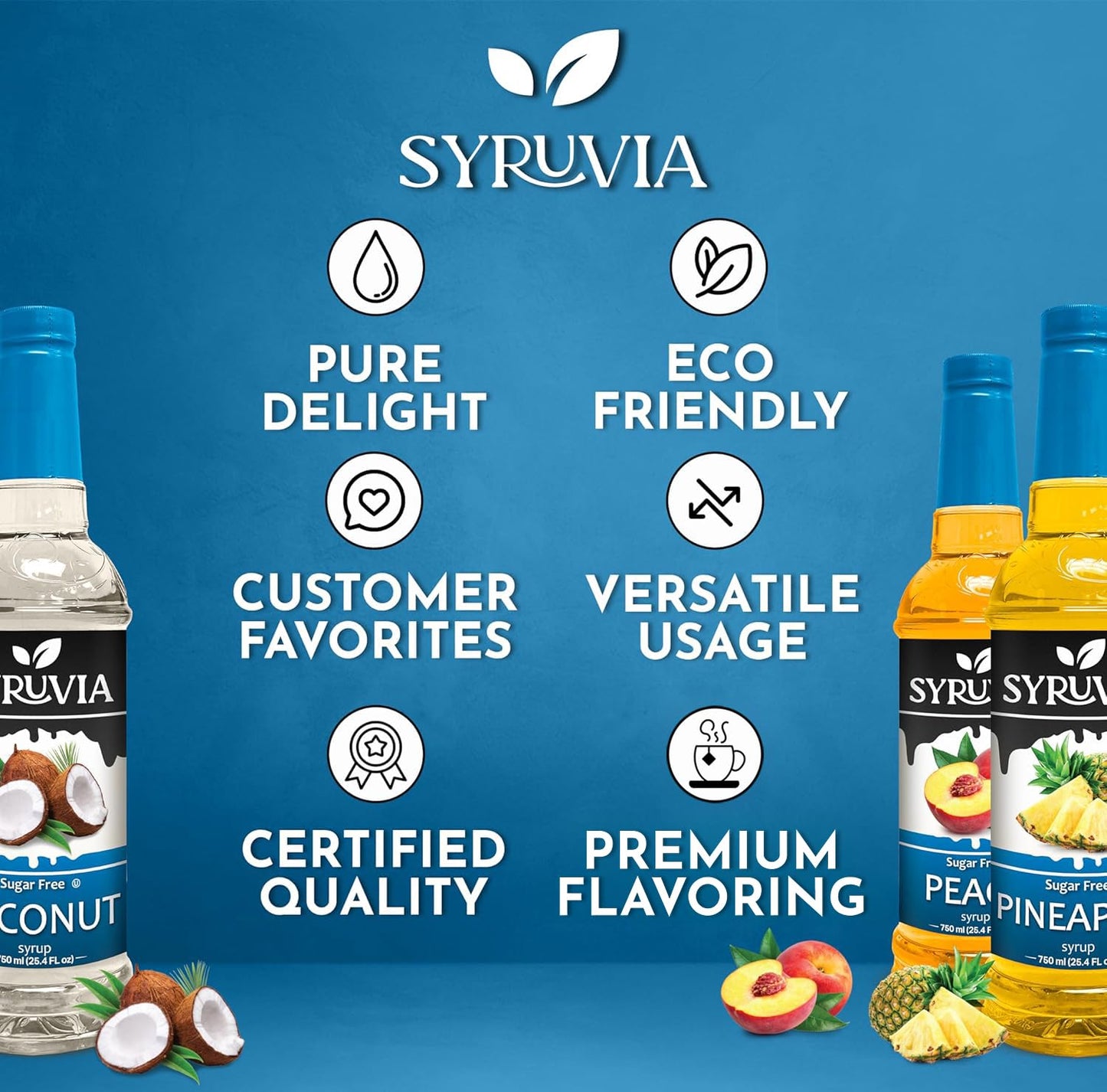 Syruvia Sugar Free Coconut, Peach And Pineapple Syrup Fruit Mix Favorites Variety Pack - 25.4 Oz - Perfect For Cocktails, Desser
