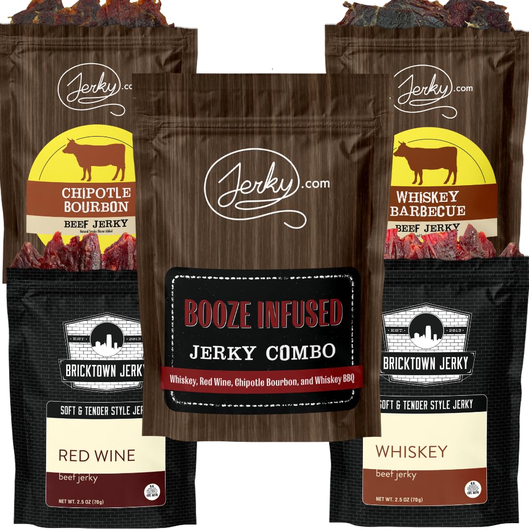 Jerky.Com Booze-Infused Jerky Combo - Featuring Flavors Flavor Blend Chipotle Flavor Blend Flavor Blend Bbq Red Beverage-Inspired Flavors - Great Gift For Men (4 Flavors - 2.5 Oz. Bags)