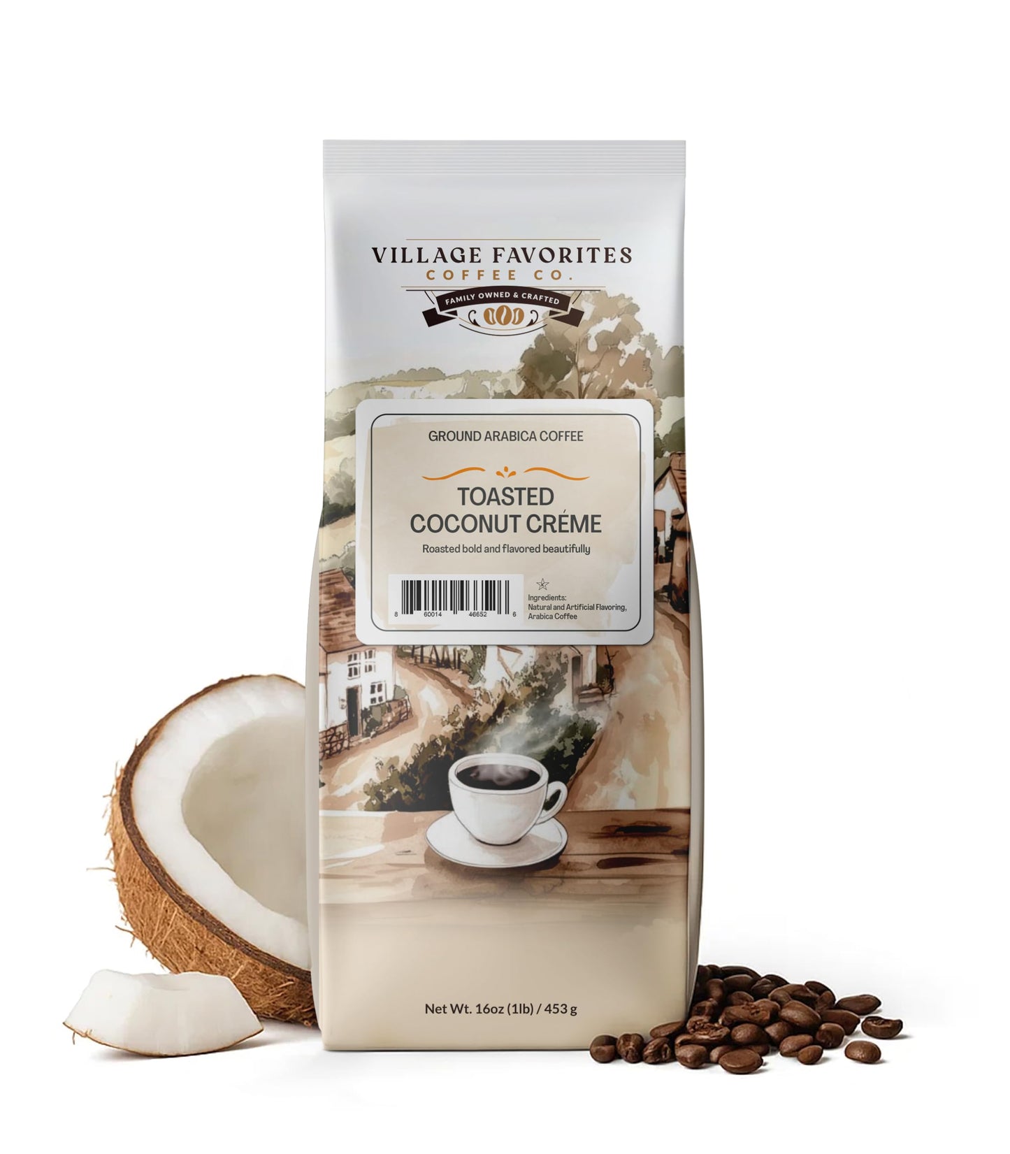 Village Favorites Flavored Coffee - Low Acid Mold-Free 100% Arabica Slow Roasted Medium Roast Smooth & Stomach Friendly Ground 1Lb Bag (16Oz)- Kosher (16Oz Toasted Coconut Crme)
