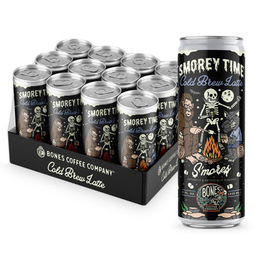 Bones Coffee Company S'Morey Time Iced Coffee Latte S'Mores Flavored Coffee, 11 Fl Oz Ready To Drink Latte, Cold Canned Coffee Drinks, Coffee On-The-Go (12 Pack)
