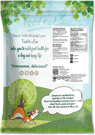 Food to Live Organic Whole Macadamia Nuts, Raw, Unsalted, 8 Pounds, Non-GMO, Vegan, Kosher, Keto Snack