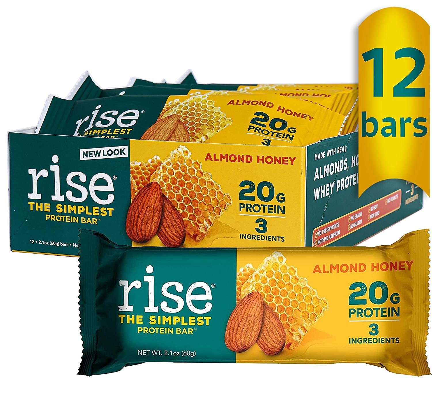 Rise Whey Protein Bars - Almond Honey | Healthy Breakfast Bar & Protein Snacks, 20g Protein, 4g Fiber, Just 3 Whole Food Ingredi