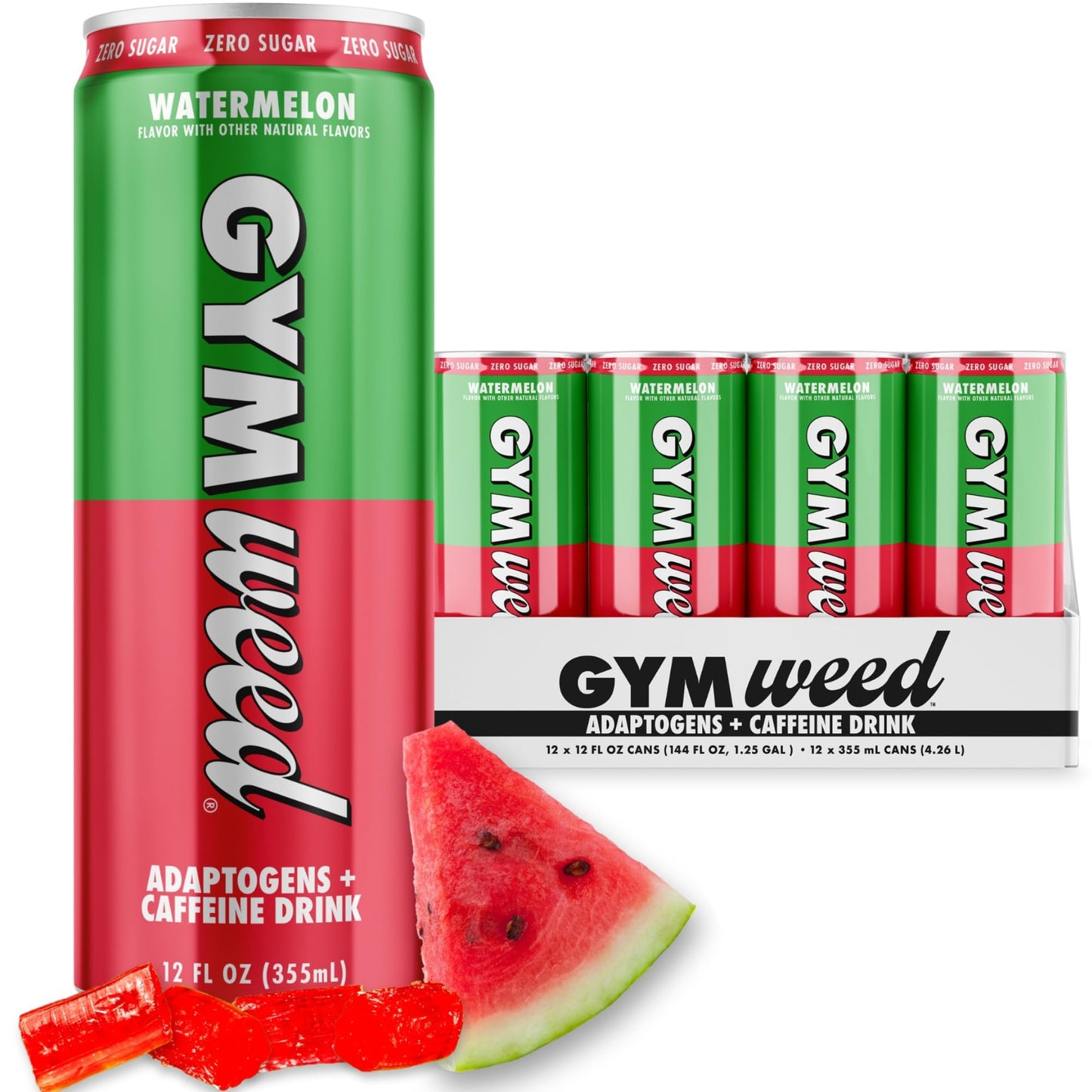 GYM WEED Athletic Focus Drink with KSM-66 Ashwagandha & Lions Mane, Watermelon Flavor, 12 Pack, 200mg Green Tea Caffeine