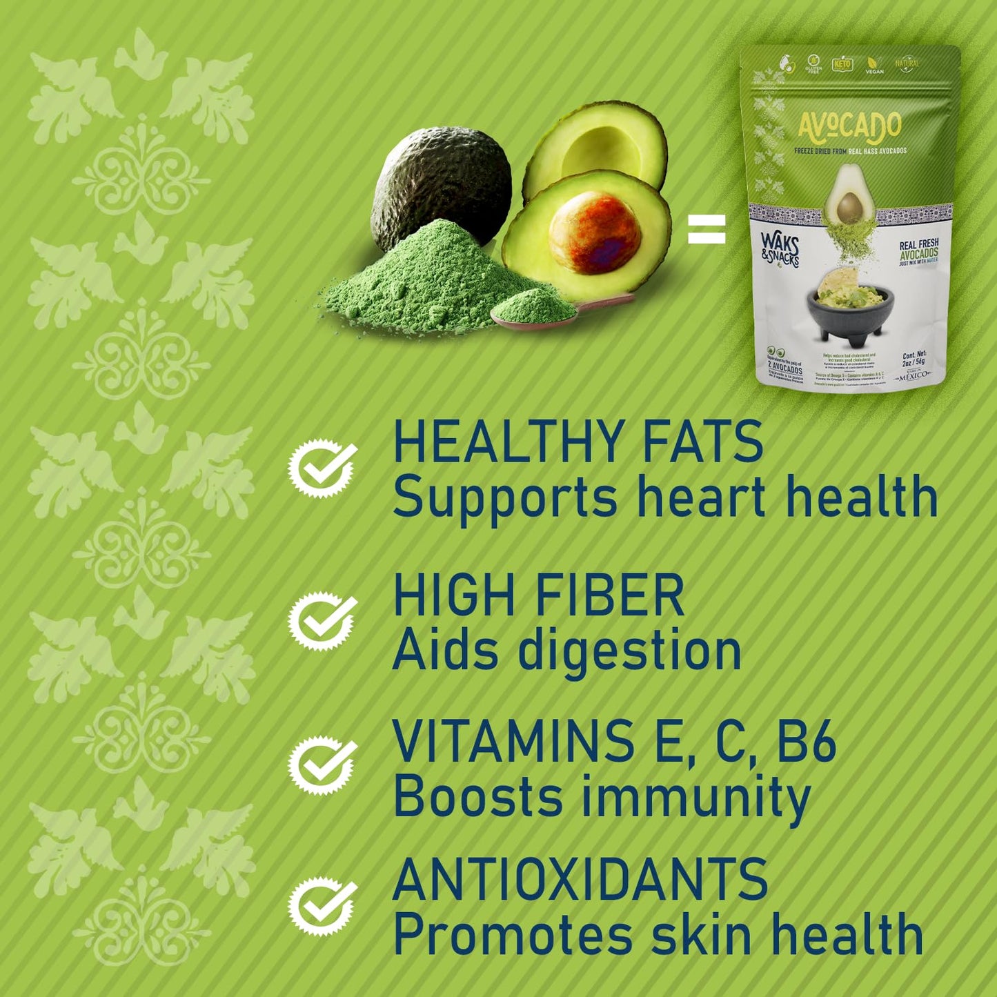 Waks & Snacks Freeze-Dried Avocado | 100% Fresh Hass Avocados, Perfect For Toast | Energizes Camping & Hiking Meals | Lightweight, Vegan, Gluten-Free | 2 Avocados | 2 Oz, 3-Pack
