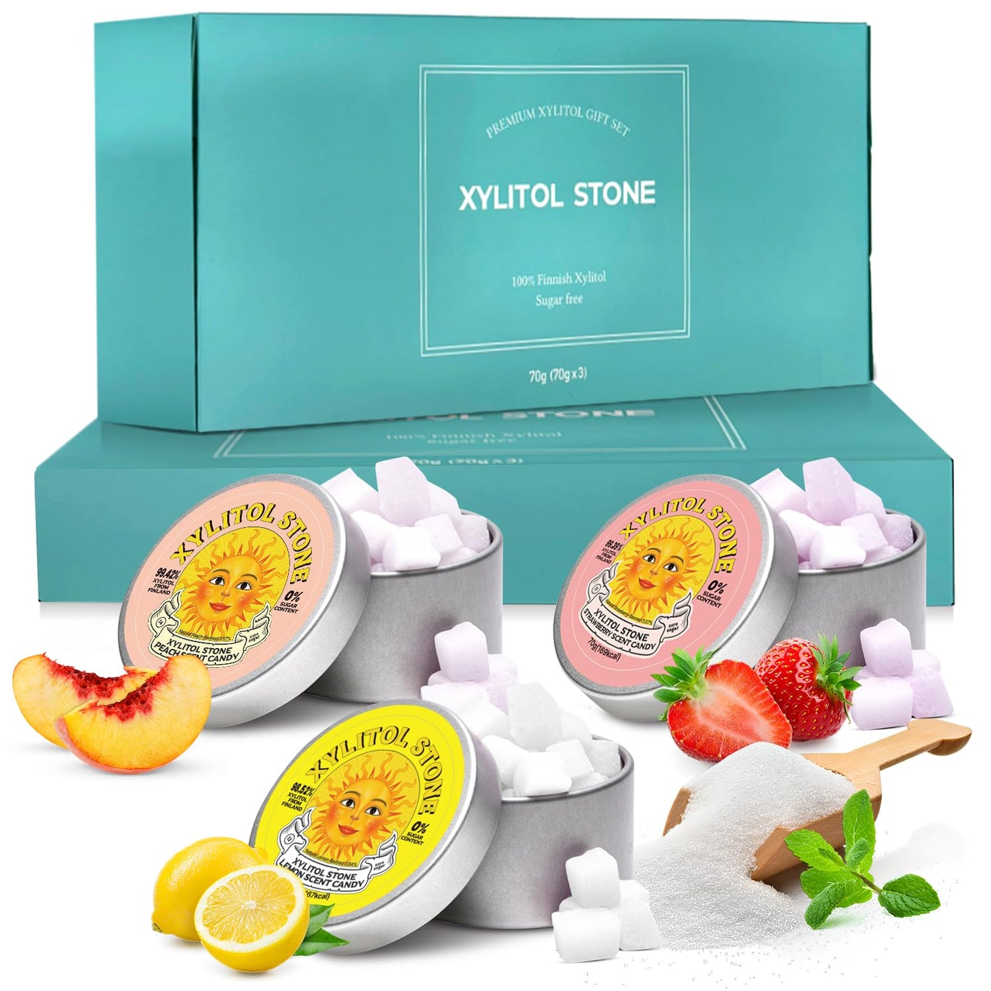 Xylitol Stone Sugar Free Candy - Vegan & Keto Friendly Unique Hard Candy - 100% Natural Flavor Candies - Gluten Free & Non-Gmo Breath Freshener Low Calorie Mints - Pack Of 3 (Peach Strawberry Lemon)