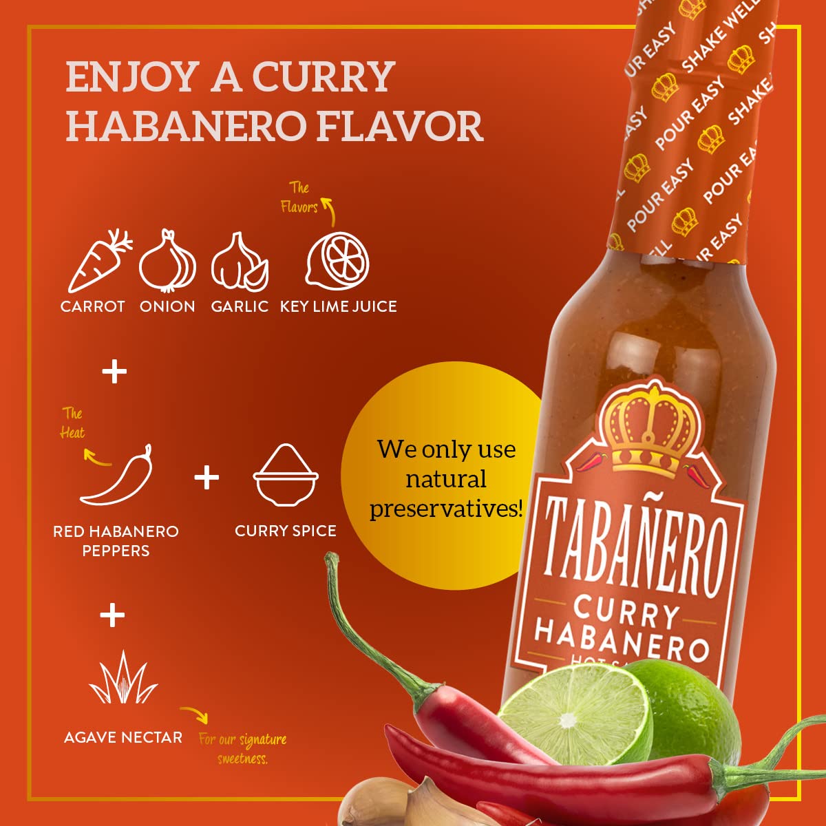 Curry Habanero Hot Sauce By Tabaero, Gourmet Hot Sauce Gift, Fiesta Party Favors, All Natural, Gluten Free, Low Sodium, Vegan, K