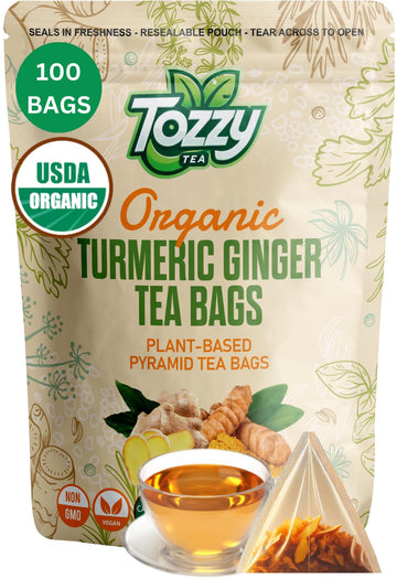 Tozzy Usda Organic Turmeric Ginger Tea - 100 Count (Pyramid Tea Bags) | Pure Plant-Based Ingredients | Eco-Conscious Packaging